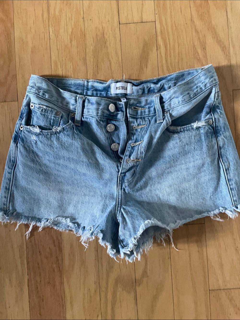pistola light wash frayed button-front jean shorts size 28